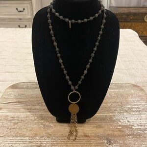 Bouchard Black Beaded Canadian One Cent Tassel Pendant Necklace Gold Tone